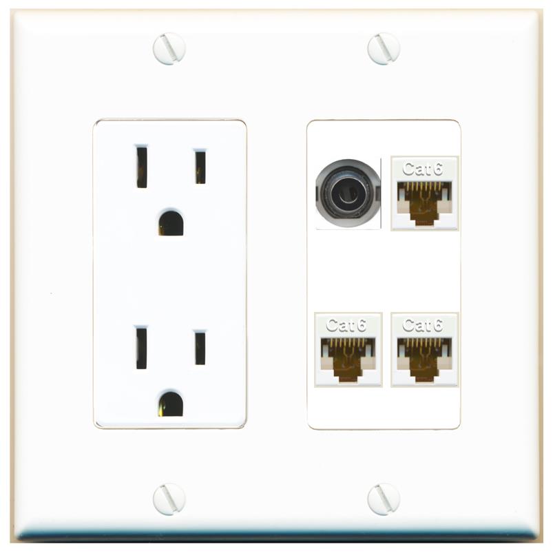 RiteAV 3.5mm 3 CAT6 Wall Plate with 15A Power Outlet [White]