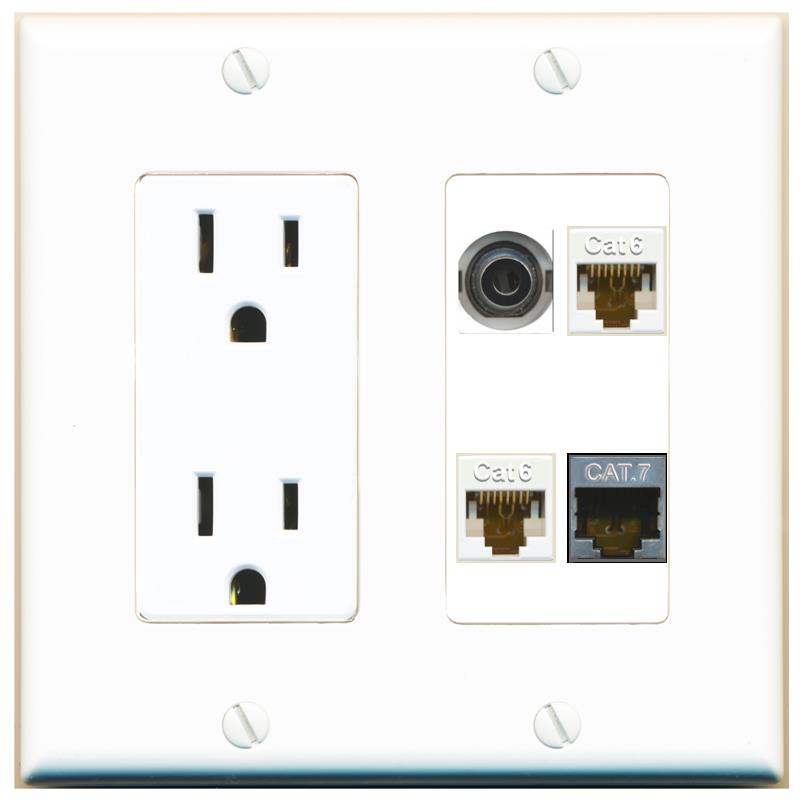 RiteAV 3.5mm 2 CAT6 CAT7 Wall Plate with 15A Power Outlet [White]