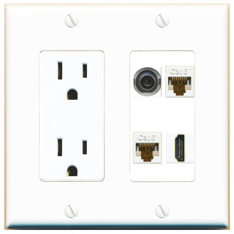 RiteAV 3.5mm 2 CAT6 HDMI Wall Plate with 15A Power Outlet [White]