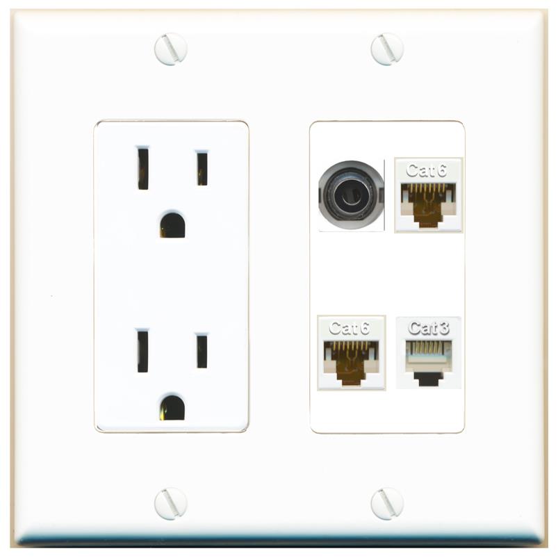 RiteAV 3.5mm 2 CAT6 PHONE Wall Plate with 15A Power Outlet [White]
