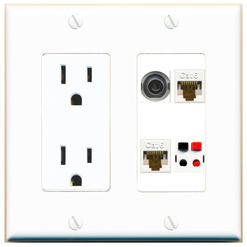RiteAV 3.5mm 2 CAT6 SPEAKER Wall Plate with 15A Power Outlet [White]