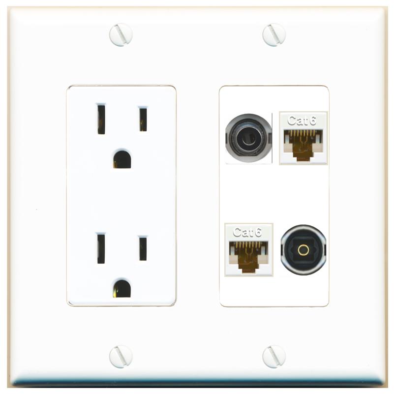 RiteAV 3.5mm 2 CAT6 TOSLINK Wall Plate with 15A Power Outlet [White]