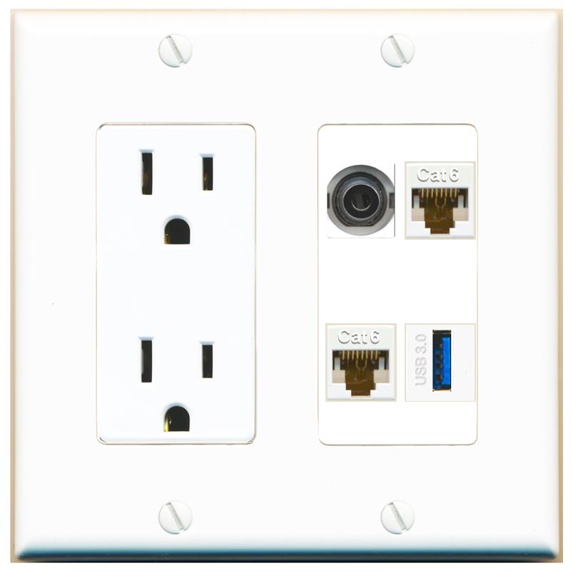 RiteAV 3.5mm 2 CAT6 USB-3 Wall Plate with 15A Power Outlet [White]