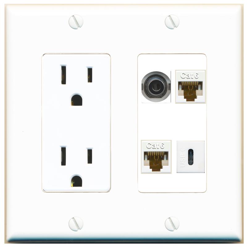 RiteAV 3.5mm 2 CAT6 USBC Wall Plate with 15A Power Outlet [White]