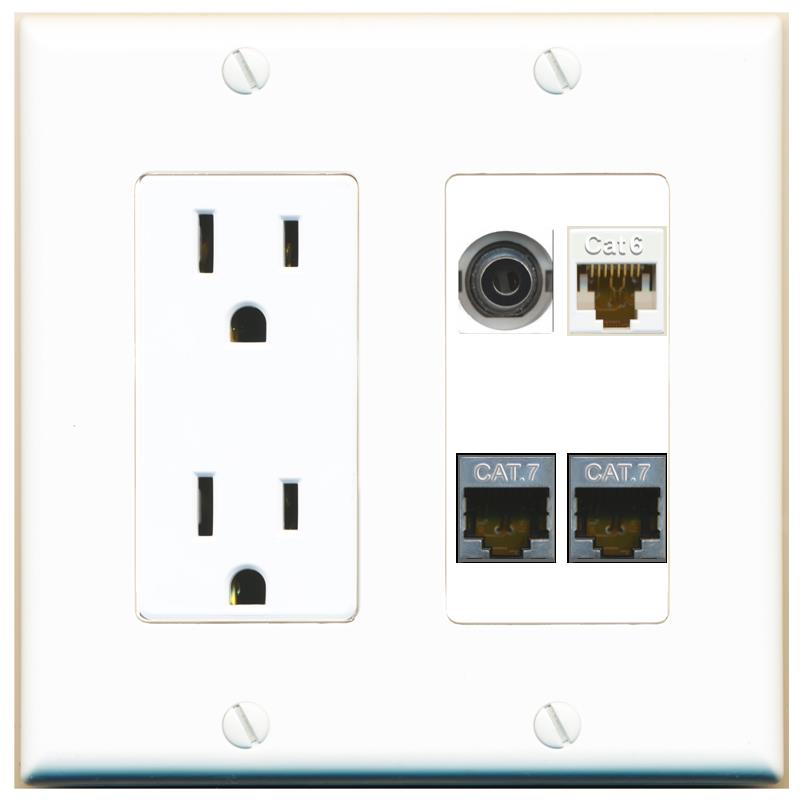 RiteAV 3.5mm CAT6 2 CAT7 Wall Plate with 15A Power Outlet [White]