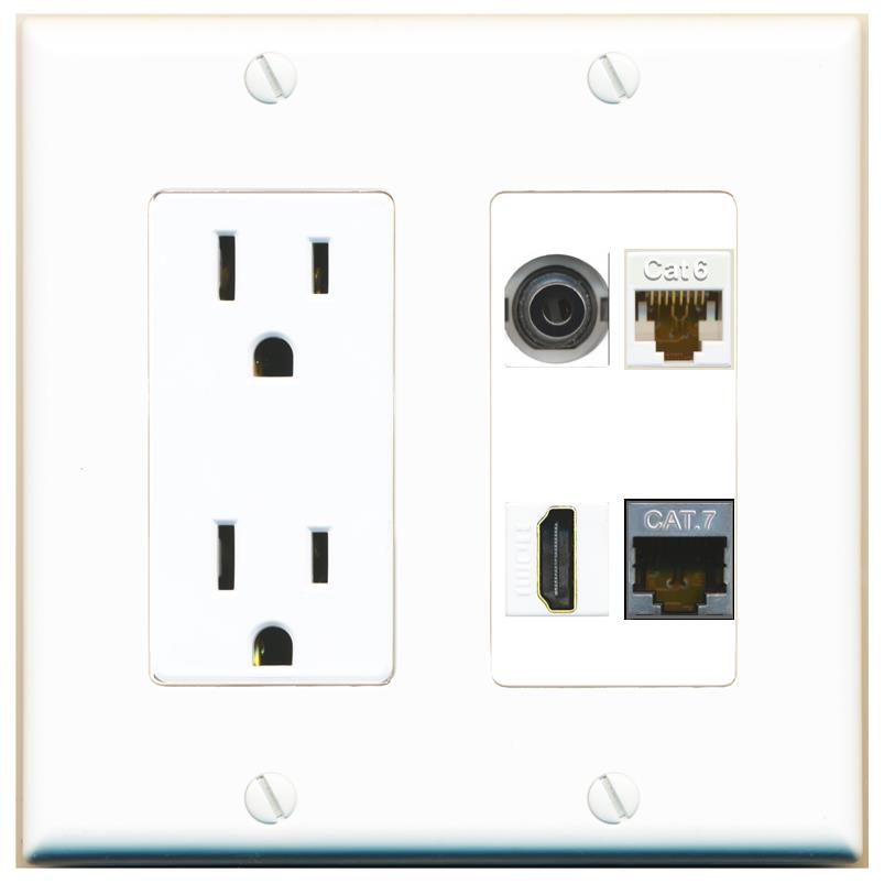 RiteAV 3.5mm CAT6 CAT7 HDMI Wall Plate with 15A Power Outlet [White]