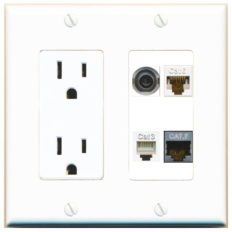 RiteAV 3.5mm CAT6 CAT7 PHONE Wall Plate with 15A Power Outlet [White]