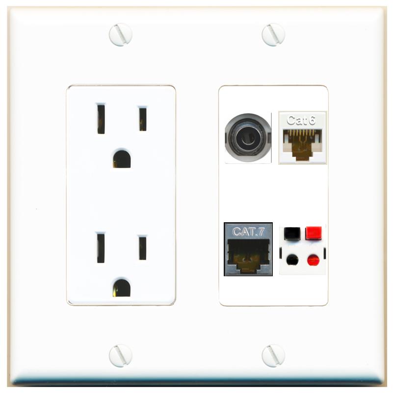 RiteAV 3.5mm CAT6 CAT7 SPEAKER Wall Plate with 15A Power Outlet [White]