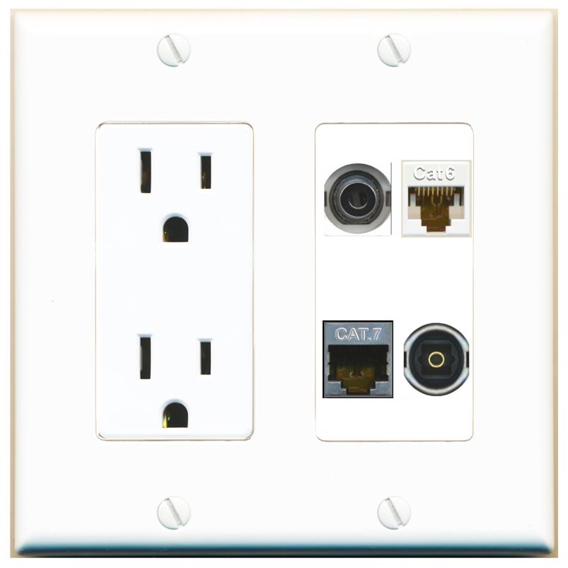 RiteAV 3.5mm CAT6 CAT7 TOSLINK Wall Plate with 15A Power Outlet [White]