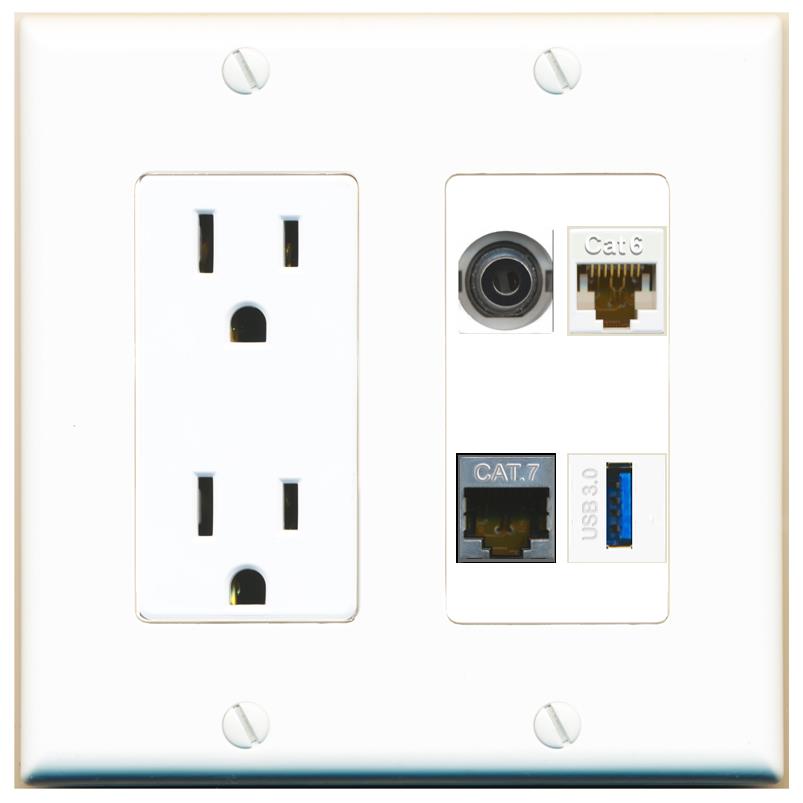 RiteAV 3.5mm CAT6 CAT7 USB-3 Wall Plate with 15A Power Outlet [White]