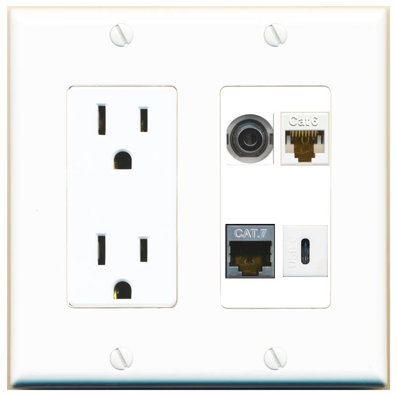 RiteAV 3.5mm CAT6 CAT7 USBC Wall Plate with 15A Power Outlet [White]