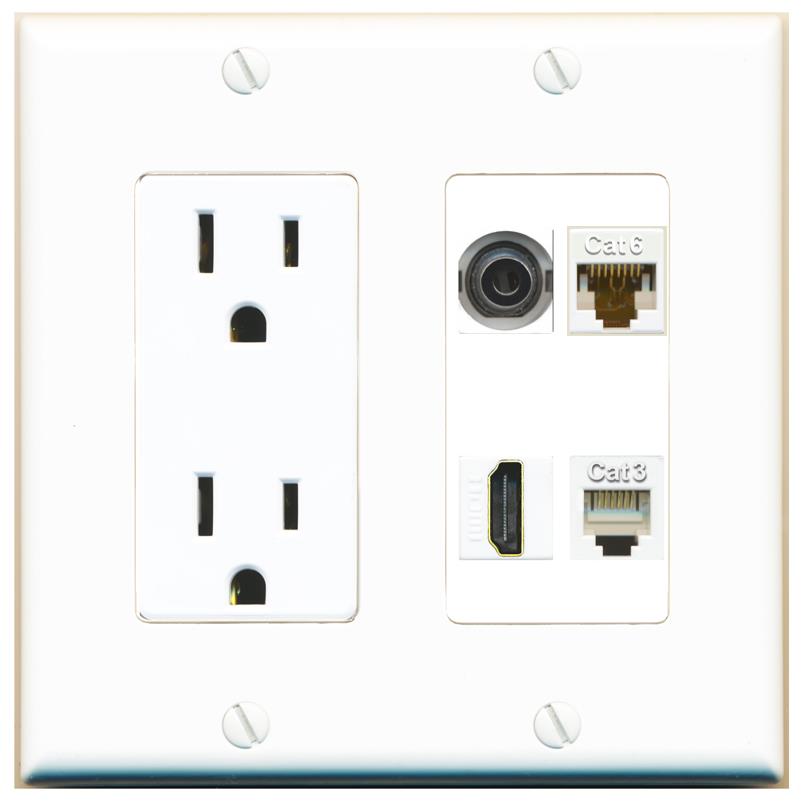 RiteAV 3.5mm CAT6 HDMI PHONE Wall Plate with 15A Power Outlet [White]