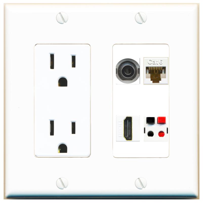 RiteAV 3.5mm CAT6 HDMI SPEAKER Wall Plate with 15A Power Outlet [White]