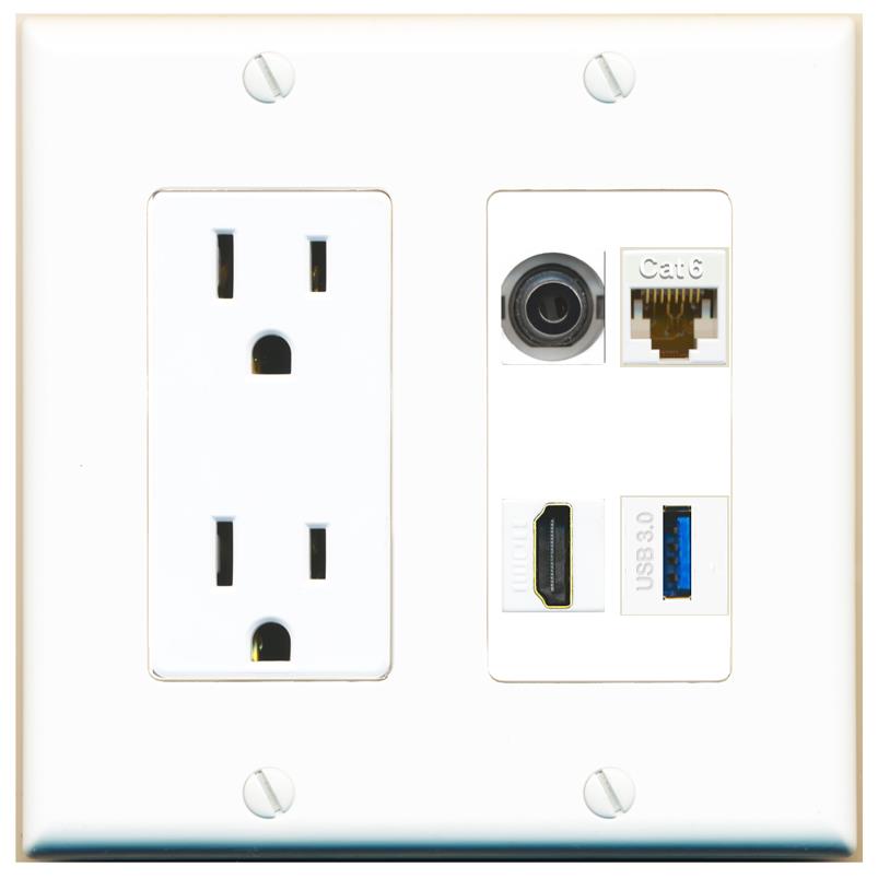 RiteAV 3.5mm CAT6 HDMI USB-3 Wall Plate with 15A Power Outlet [White]