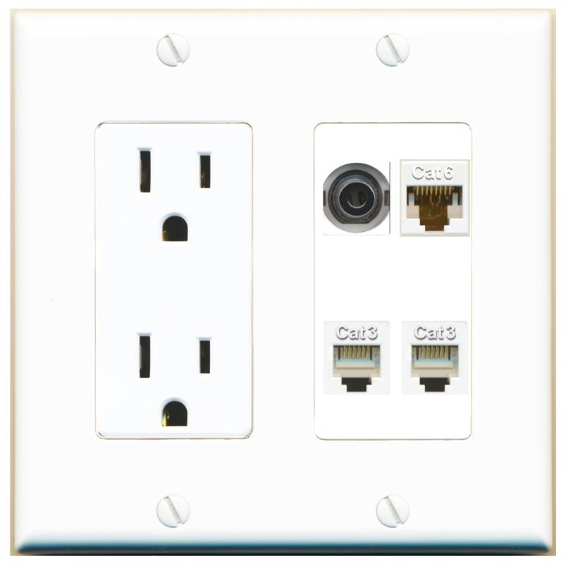 RiteAV 3.5mm CAT6 2 PHONE Wall Plate with 15A Power Outlet [White]