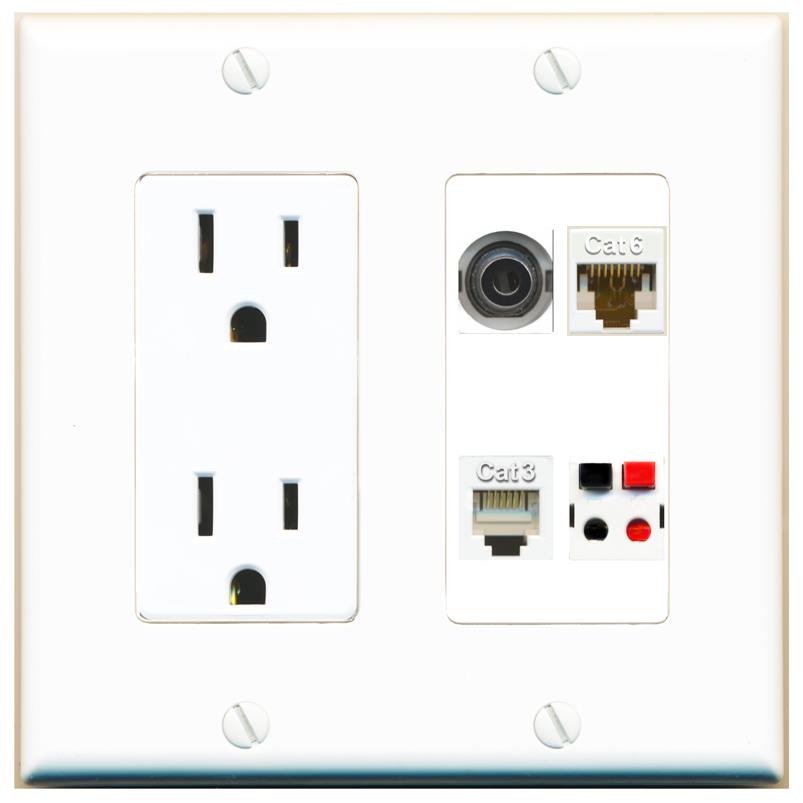RiteAV 3.5mm CAT6 PHONE SPEAKER Wall Plate with 15A Power Outlet [White]