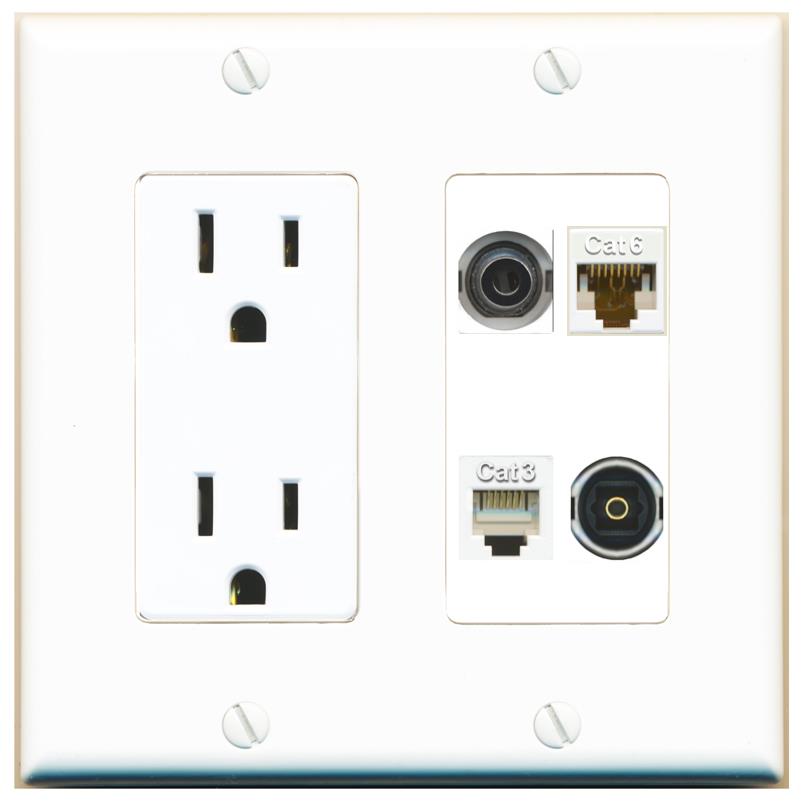 RiteAV 3.5mm CAT6 PHONE TOSLINK Wall Plate with 15A Power Outlet [White]
