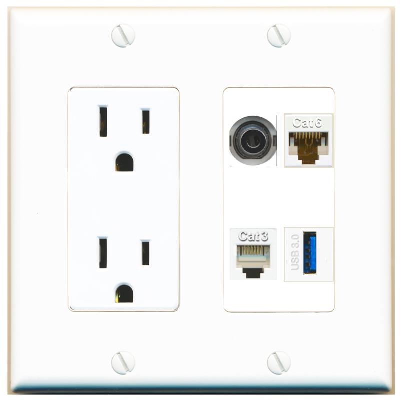 RiteAV 3.5mm CAT6 PHONE USB-3 Wall Plate with 15A Power Outlet [White]