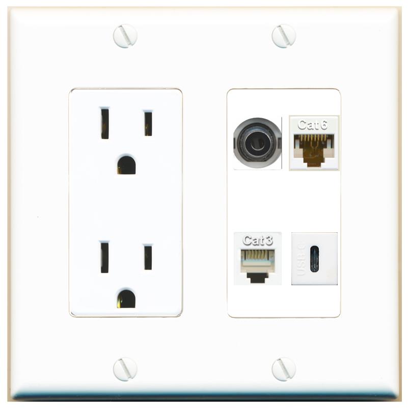RiteAV 3.5mm CAT6 PHONE USBC Wall Plate with 15A Power Outlet [White]