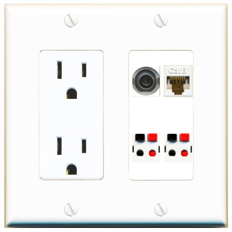 RiteAV 3.5mm CAT6 2 SPEAKER Wall Plate with 15A Power Outlet [White]
