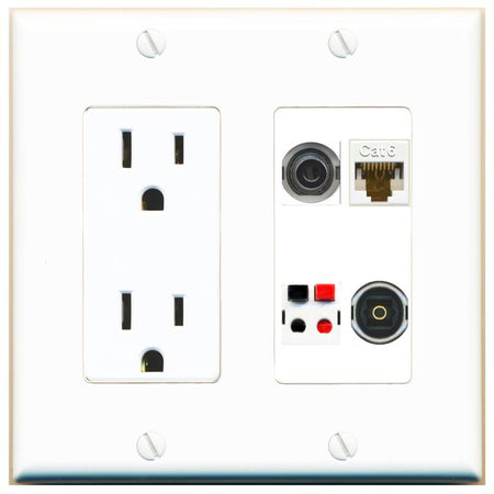 RiteAV 3.5mm CAT6 SPEAKER TOSLINK Wall Plate with 15A Power Outlet [White]