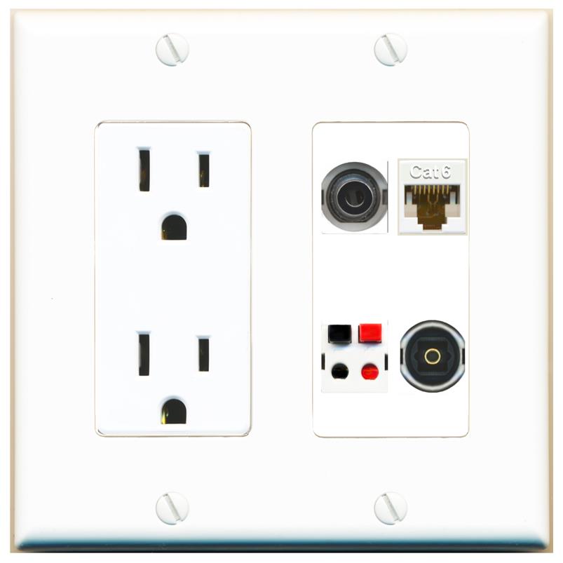RiteAV 3.5mm CAT6 SPEAKER TOSLINK Wall Plate with 15A Power Outlet [White]