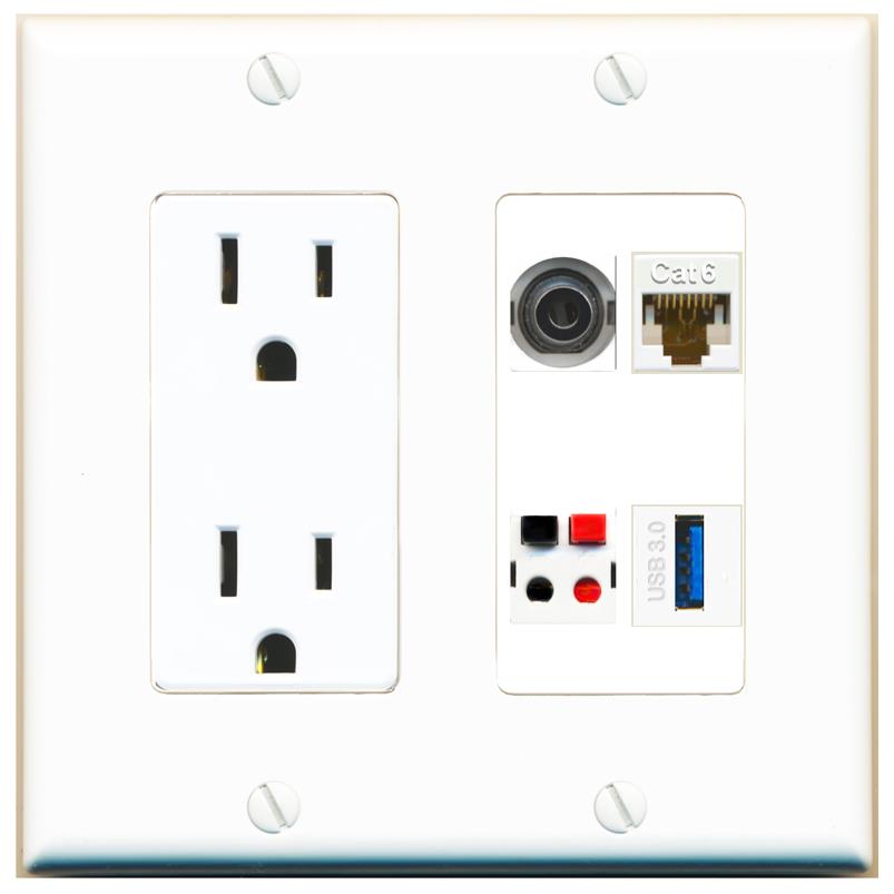 RiteAV 3.5mm CAT6 SPEAKER USB-3 Wall Plate with 15A Power Outlet [White]