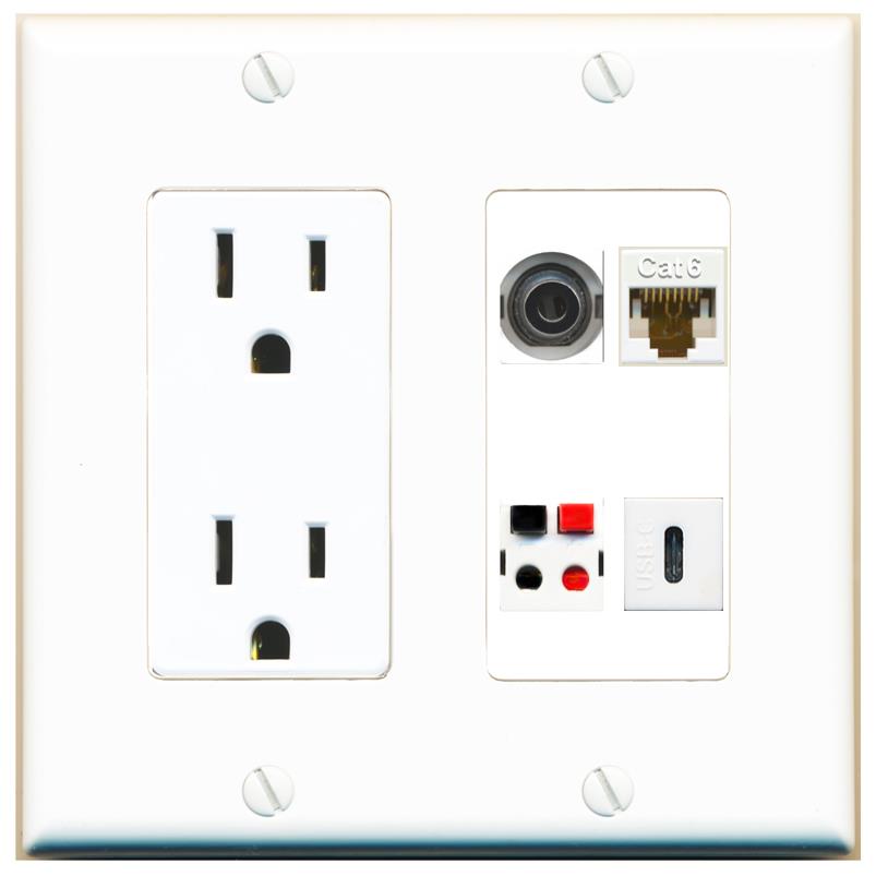 RiteAV 3.5mm CAT6 SPEAKER USBC Wall Plate with 15A Power Outlet [White]