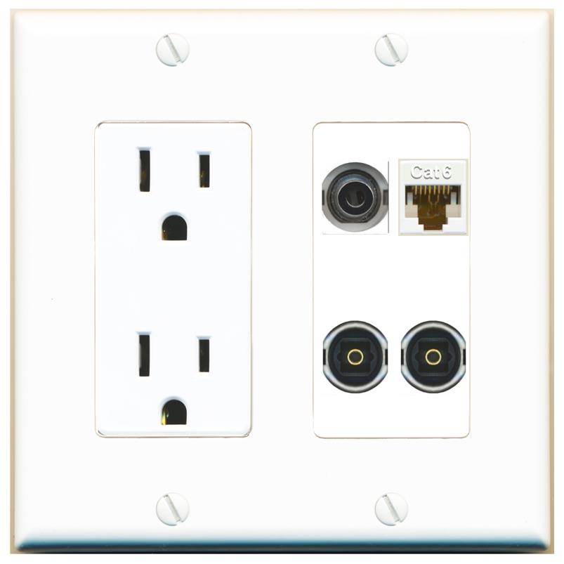 RiteAV 3.5mm CAT6 2 TOSLINK Wall Plate with 15A Power Outlet [White]
