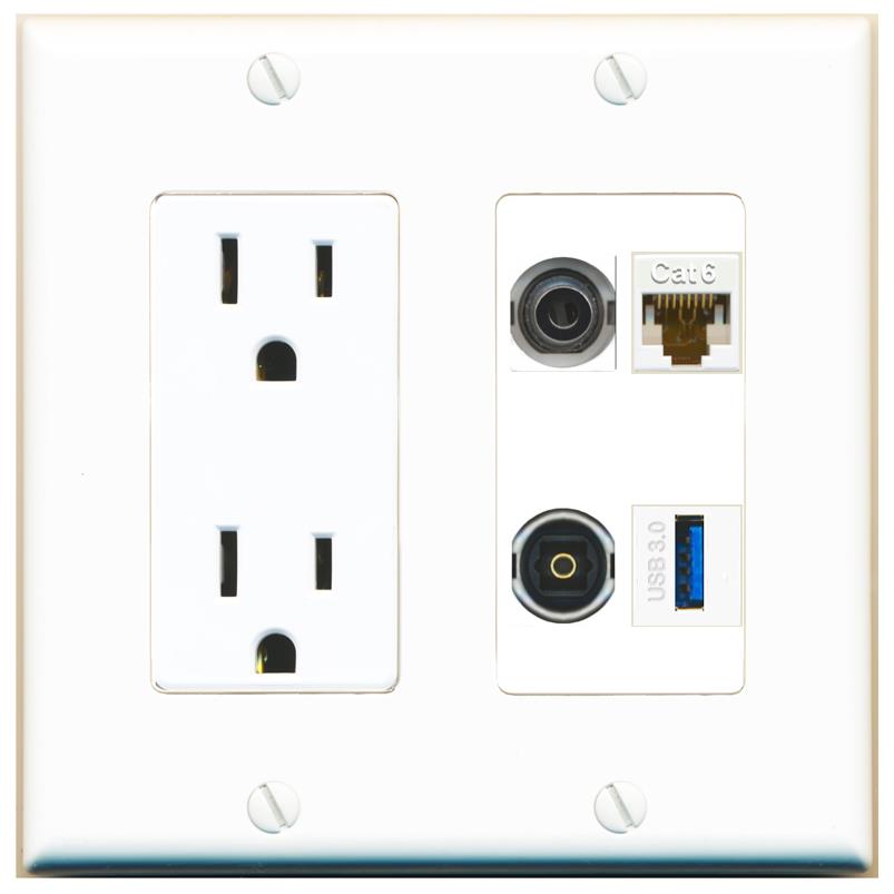 RiteAV 3.5mm CAT6 TOSLINK USB-3 Wall Plate with 15A Power Outlet [White]