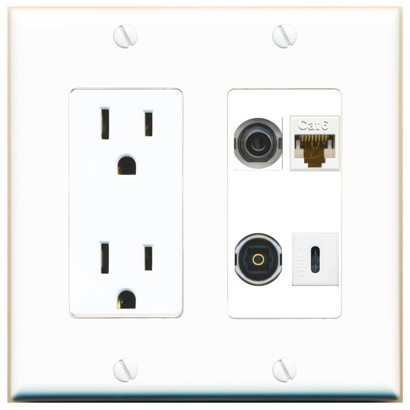 RiteAV 3.5mm CAT6 TOSLINK USBC Wall Plate with 15A Power Outlet [White]