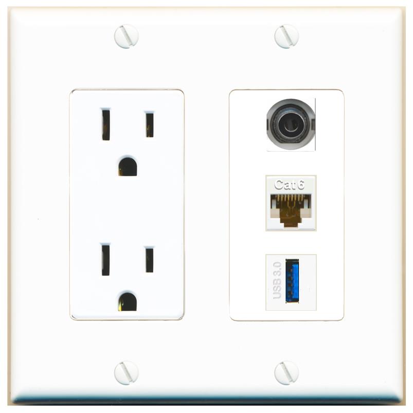 1 3.5mm 1 CAT6 1 USB-3 Wall Plate [White]