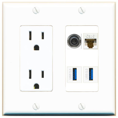 RiteAV 3.5mm CAT6 2 USB-3 Wall Plate with 15A Power Outlet [White]