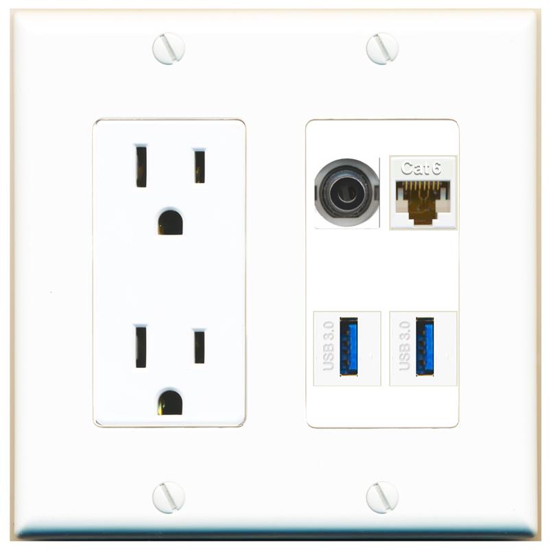 RiteAV 3.5mm CAT6 2 USB-3 Wall Plate with 15A Power Outlet [White]