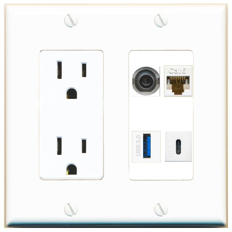 RiteAV 3.5mm CAT6 USB-3 USBC Wall Plate with 15A Power Outlet [White]