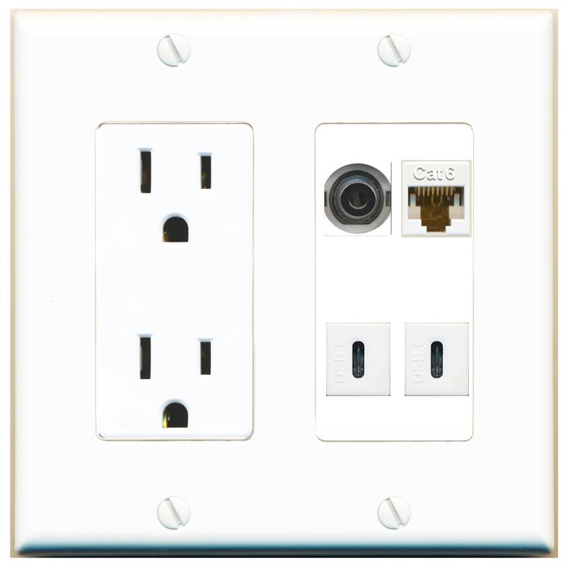 RiteAV 3.5mm CAT6 2 USBC Wall Plate with 15A Power Outlet [White]