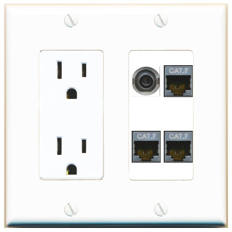 RiteAV 3.5mm 3 CAT7 Wall Plate with 15A Power Outlet [White]