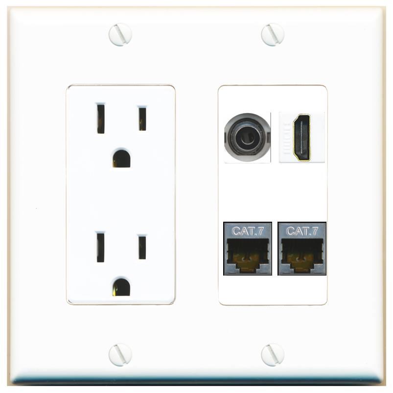 RiteAV 3.5mm 2 CAT7 HDMI Wall Plate with 15A Power Outlet [White]