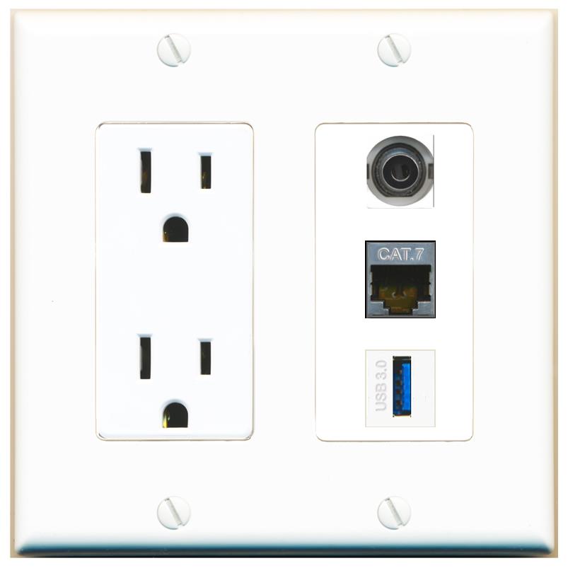 1 3.5mm 1 CAT7 1 USB-3 Wall Plate [White]