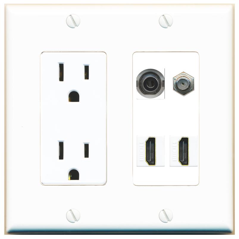 RiteAV 3.5mm COAX 2 HDMI Wall Plate with 15A Power Outlet [White]