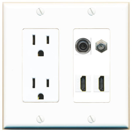 RiteAV 3.5mm COAX 2 HDMI Wall Plate with 15A Power Outlet [White]