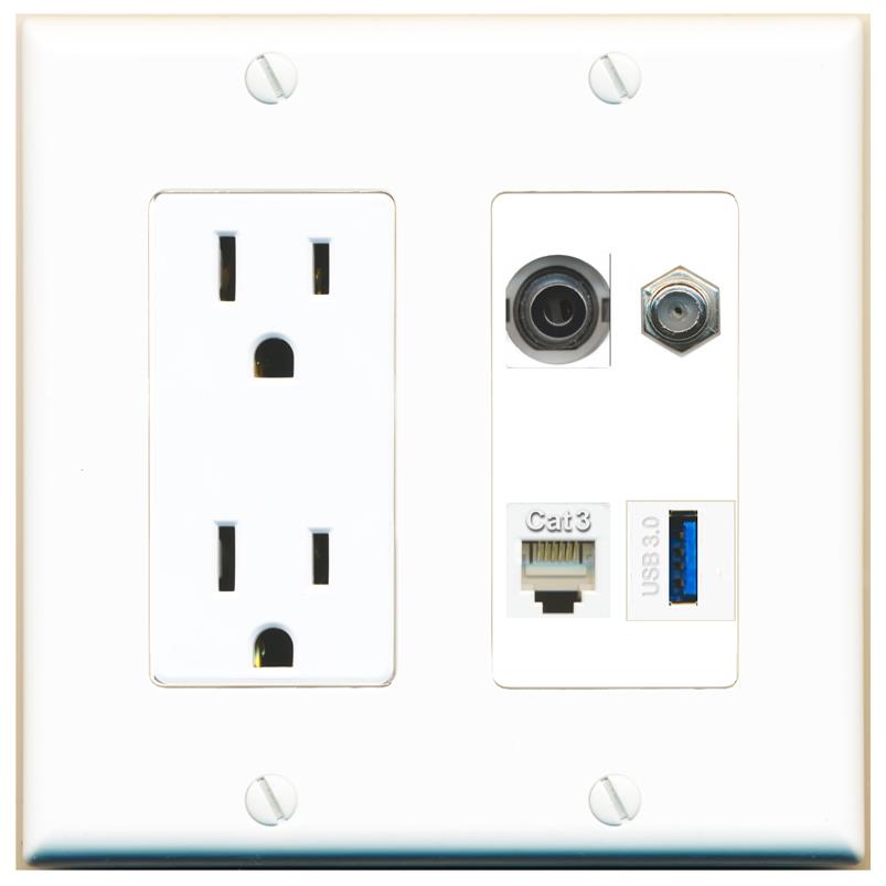 RiteAV 3.5mm COAX PHONE USB-3 Wall Plate with 15A Power Outlet [White]
