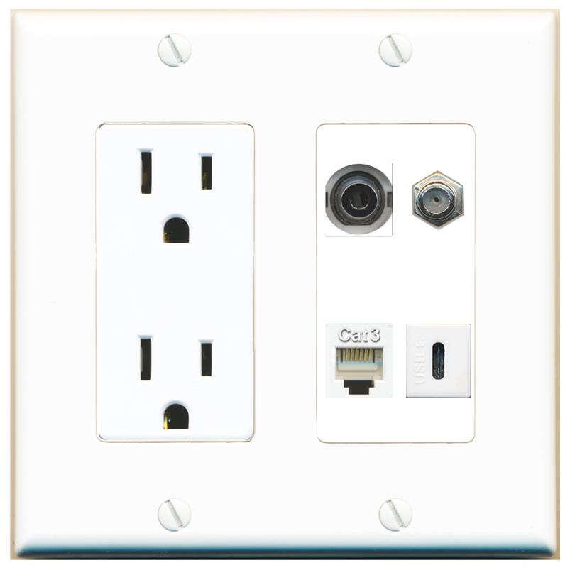 RiteAV 3.5mm COAX PHONE USBC Wall Plate with 15A Power Outlet [White]