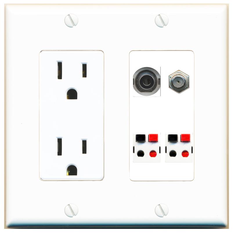 RiteAV 3.5mm COAX 2 SPEAKER Wall Plate with 15A Power Outlet [White]