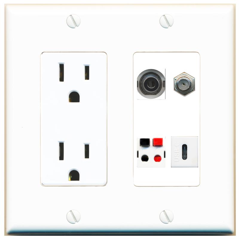 RiteAV 3.5mm COAX SPEAKER USBC Wall Plate with 15A Power Outlet [White]