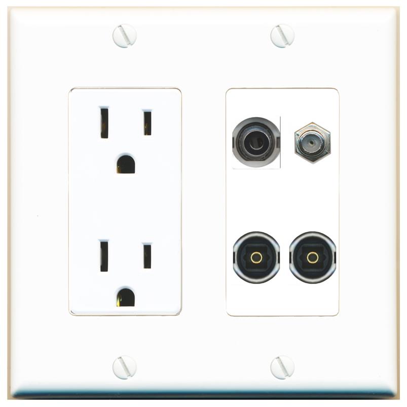 RiteAV 3.5mm COAX 2 TOSLINK Wall Plate with 15A Power Outlet [White]