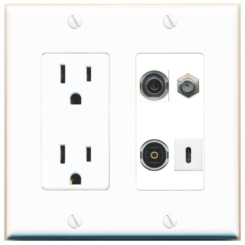RiteAV 3.5mm COAX TOSLINK USBC Wall Plate with 15A Power Outlet [White]