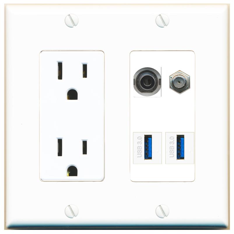 RiteAV 3.5mm COAX 2 USB-3 Wall Plate with 15A Power Outlet [White]