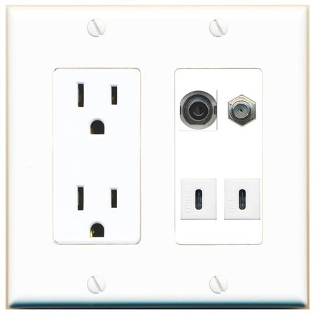 RiteAV 3.5mm COAX 2 USBC Wall Plate with 15A Power Outlet [White]