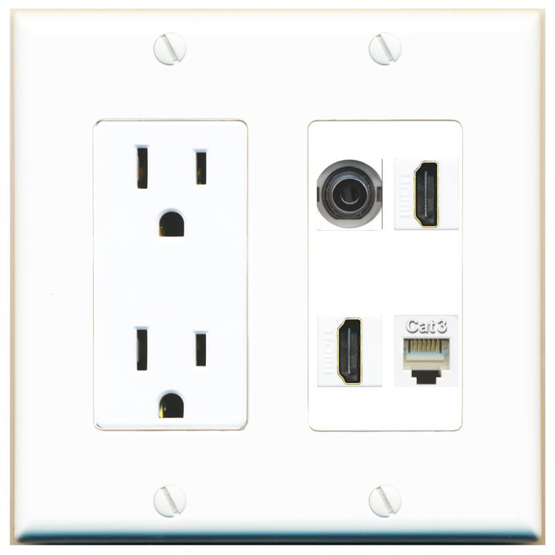 RiteAV 3.5mm 2 HDMI PHONE Wall Plate with 15A Power Outlet [White]